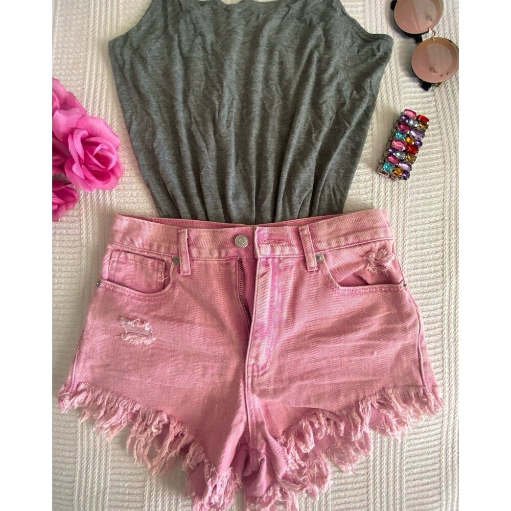 pink frayed high waisted rose color jean shorts 5 w/ silver button & studs NWOT